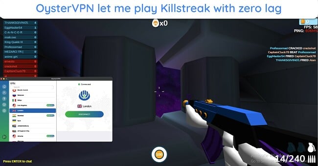 Screenshot of my killstreak gameplay using OysterVPN's UK server connection