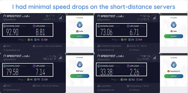 Screenshot showing speed tests for OysterVPN in 4 server locations