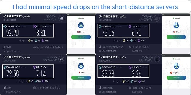 Screenshot showing speed tests for OysterVPN in 4 server locations