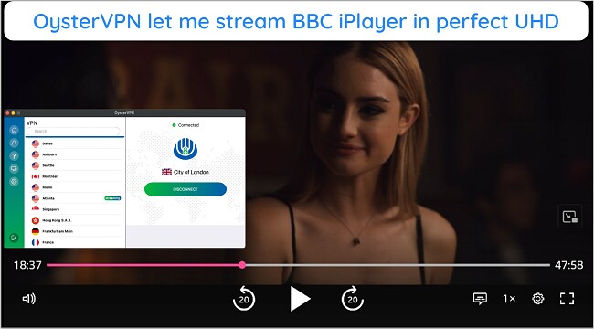 Screenshot of OysterVPN successfully steaming a BBC iPlayer movie