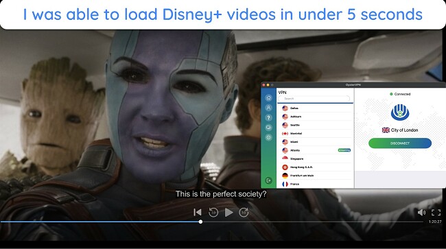 Screenshot of OysterVPN successfully streaming a Disney+ movie