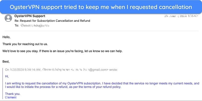 Screenshot of my dialogue with OysterVPN about ending my service subscription