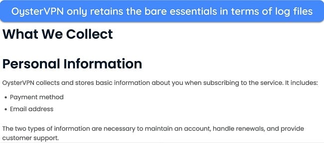  Screenshot showing an excerpt from OysterVPN's privacy policy