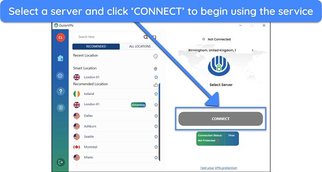 Screenshot showing the server and connection interface of OysterVPN's application for Windows