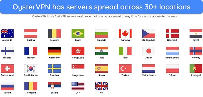 Screenshot showing countries covered by OysterVPN