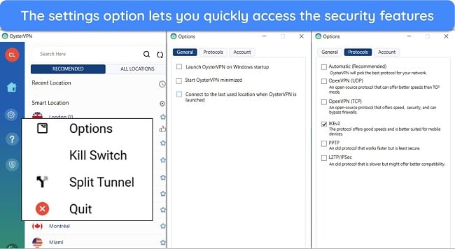 Screenshot showing OysterVPN's settings options