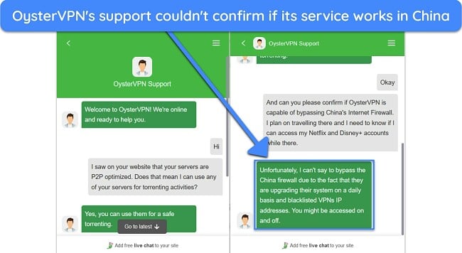 Screenshot of OysterVPN's response to my query about using the service in China