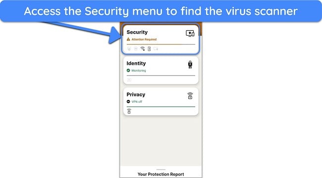 Screenshot showing how to access Norton's Security menu