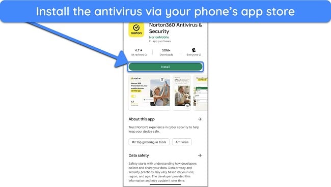 Screenshot showing how to install Norton via Google's Play store