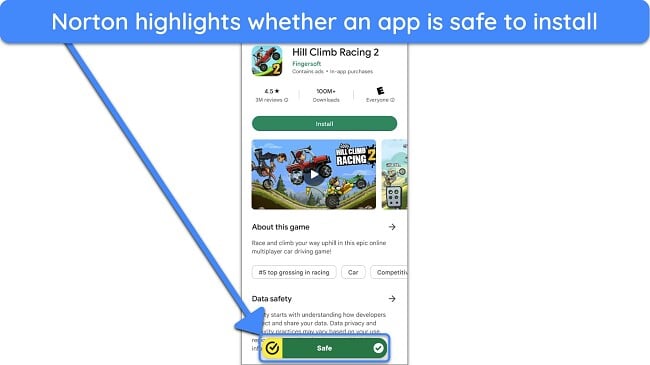 Screenshot of Norton's App Advisor highlighting an app that's safe to install