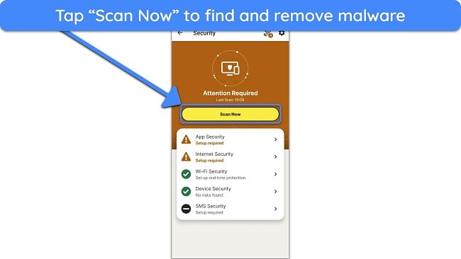 Screenshot showing how to start a virus scan using Norton's Android app