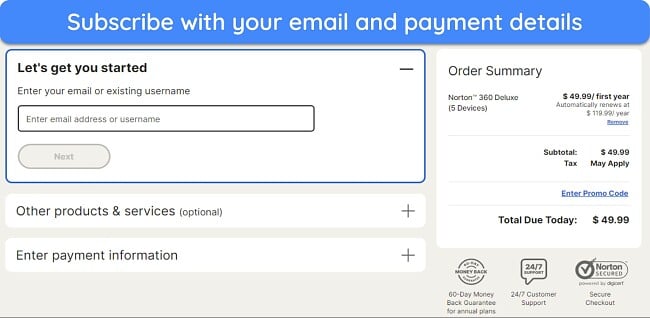 Screenshot showing how to subscribe to your chosen Norton subscription