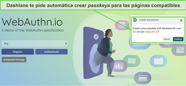 Captura de pantalla de Dashlane solicitando crear una clave de acceso para webauthn.io