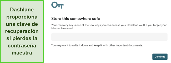 Captura de pantalla mostrando la función de clave de recuperación de Dashlane