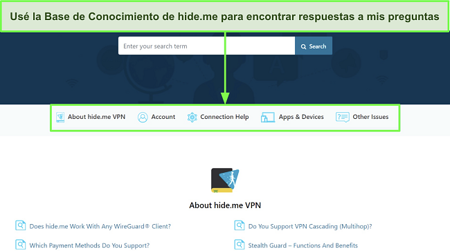 Captura de pantalla de la página de la Base de Conocimientos de hide.me