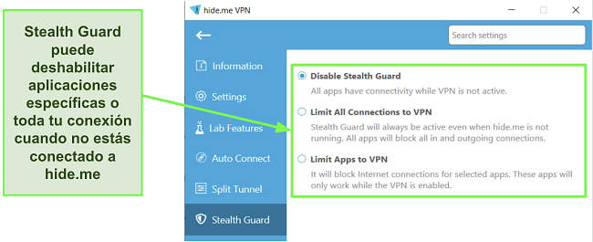 Captura de pantalla de los ajustes de Stealth Guard en la aplicación de Windows de hide.me