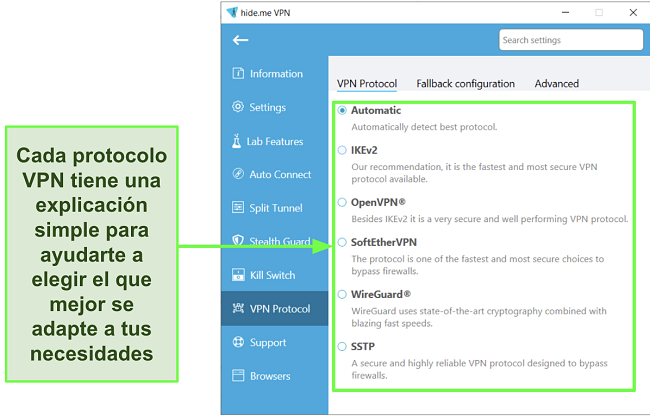 Captura de pantalla de la lista de protocolos VPN de hide.me