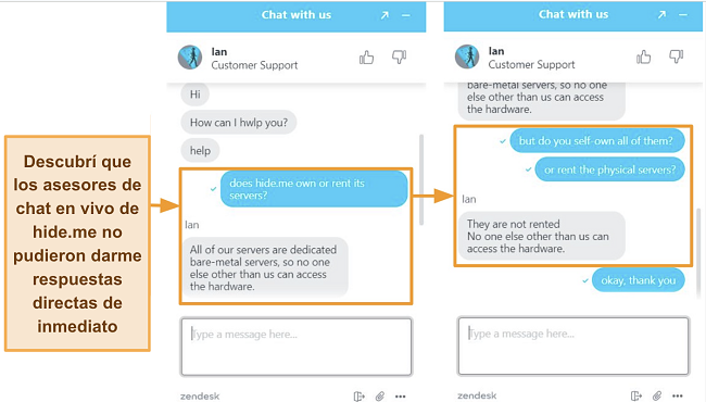 Capturas de pantalla de una conversación de chat en vivo con un agente de hide.me