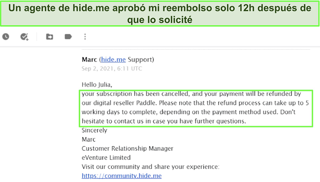 Captura de pantalla de un correo electrónico aprobando un reembolso de hide.me