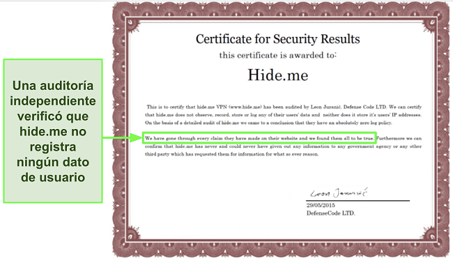 Captura de pantalla del certificado de seguridad otorgado a hide.me para confirmar su política de no registro