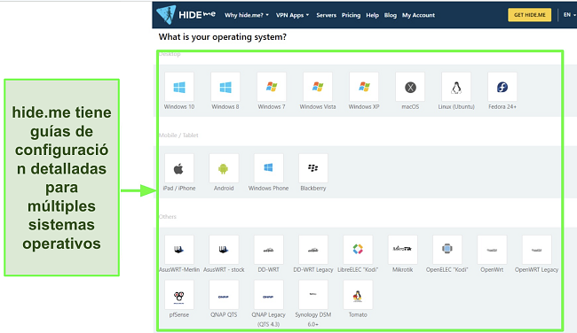 Captura de pantalla de las guías de configuración de hide.me en su sitio web