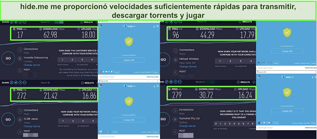 Capturas de pantalla de las pruebas de velocidad realizadas en 4 servidores de hide.me