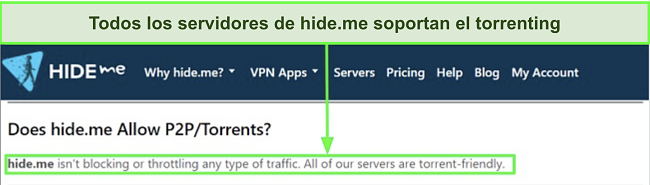 Captura de pantalla de las preguntas frecuentes de hide.me confirmando que la VPN soporta el torrenting