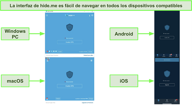 Capturas de pantalla de la interfaz de la aplicación de hide.me en Windows, Android, macOS y iOS