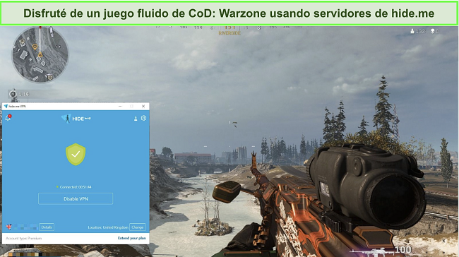 Captura de pantalla del juego Call of Duty: Warzone con conexión al servidor de hide.me