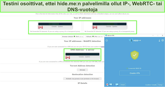 Kuvakaappaus IP- ja DNS-vuototesteistä hide.me:n palvelimella