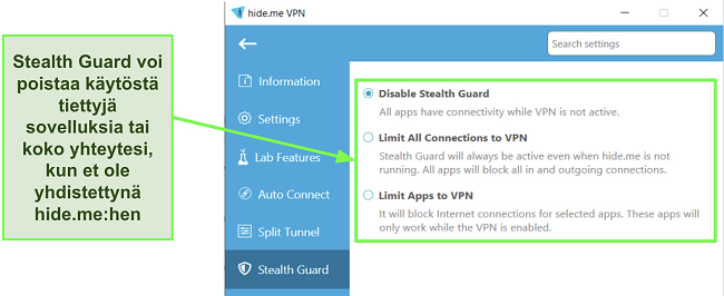 Kuvakaappaus Stealth Guard -asetuksista hide.me:n Windows-sovelluksessa