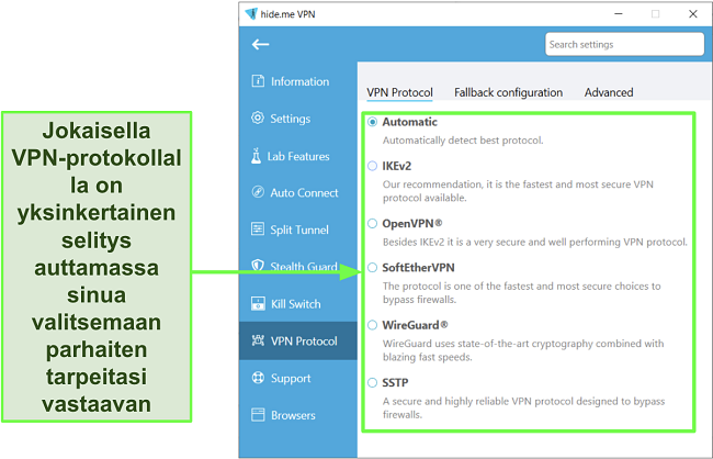 Kuvakaappaus hide.me:n VPN-protokollalistan