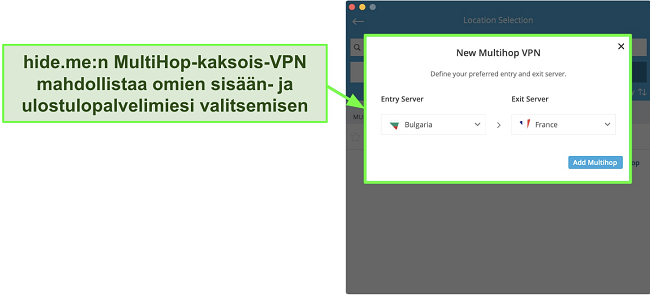 Näyttökuva Multihop-kaksois-VPN-yhteyden luomisesta hide.me:n MacOS-sovelluksessa
