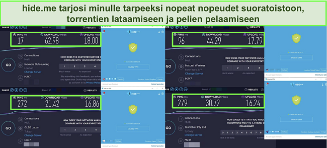 Neljän hide.me-palvelimen nopeustesteistä otetut kuvakaappaukset