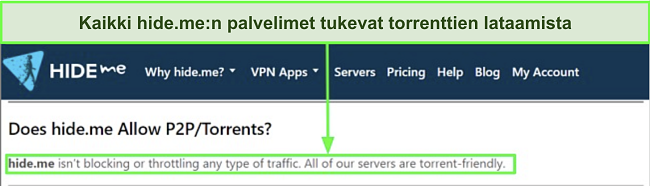 Näyttökuva hide.men UKK:sta vahvistaa VPN:n tukevan torrentien lataamista