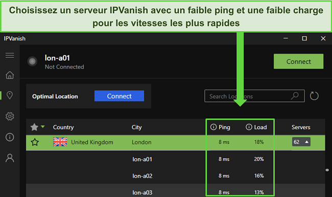 Capture d'écran de l'application Windows d'IPVanish, montrant les emplacements des serveurs au Royaume-Uni et mettant en évidence les détails du ping et de la charge de chaque serveur.
