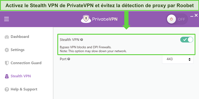 Image de l'application Windows de PrivateVPN, montrant le menu Stealth VPN et dirigeant l'utilisateur pour activer le paramètre.