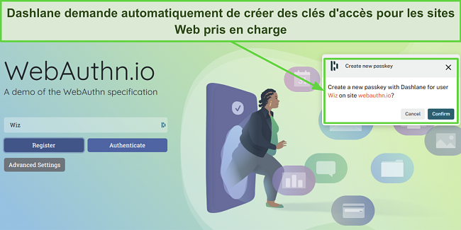 Capture d'écran de Dashlane demandant à créer une clé d'accès pour webauthn.io