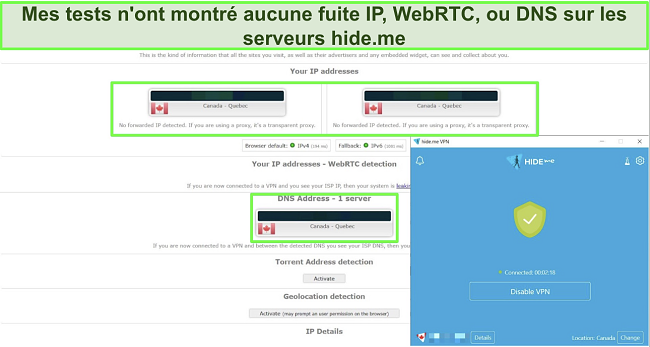 Capture d'écran du test de fuite d'IP et DNS effectué sur un serveur hide.me