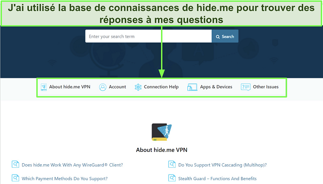 Capture d'écran de la page de la Base de Connaissances de hide.me