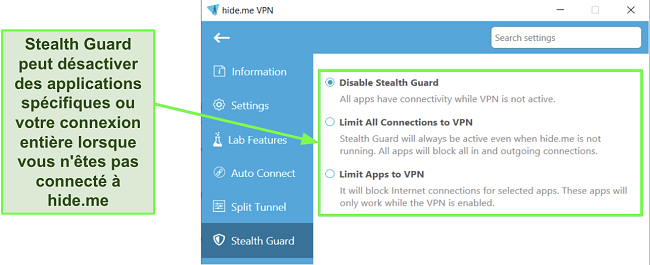 Capture d'écran des paramètres Stealth Guard dans l'application Windows de hide.me