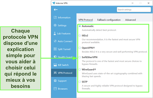 Capture d'écran de la liste des protocoles VPN de hide.me