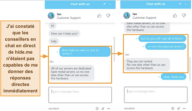Captures d'écran d'une conversation avec un agent de hide.me