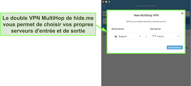 Capture d'écran de la création d'une connexion Multihop double VPN sur l'application MacOS de hide.me