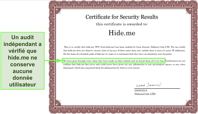 Capture d'écran du certificat de sécurité décerné à hide.me pour confirmer sa politique de non-conservation des données