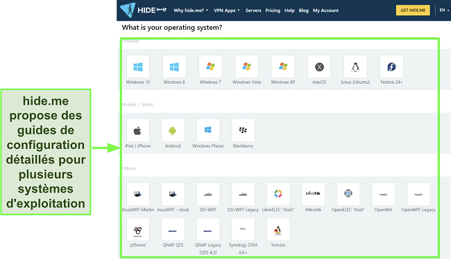 Capture d'écran des guides de configuration de hide.me sur son site