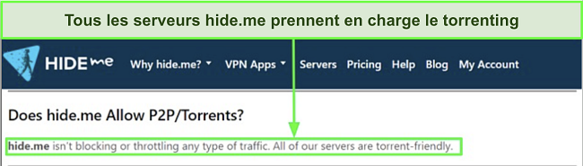 Capture d'écran de la FAQ de hide.me confirmant que le VPN prend en charge le torrenting