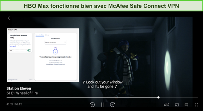 Capture d'écran de Station Eleven jouant sur HBO Max tandis que le VPN McAfee Safe Connect est connecté à un serveur aux États-Unis