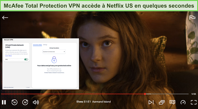 Capture d'écran de Aarmand Island jouant sur Netflix tandis que le VPN McAfee Safe Connect est connecté à un serveur aux États-Unis