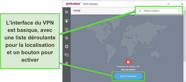 Capture d'écran de l'interface utilisateur du VPN McAfee